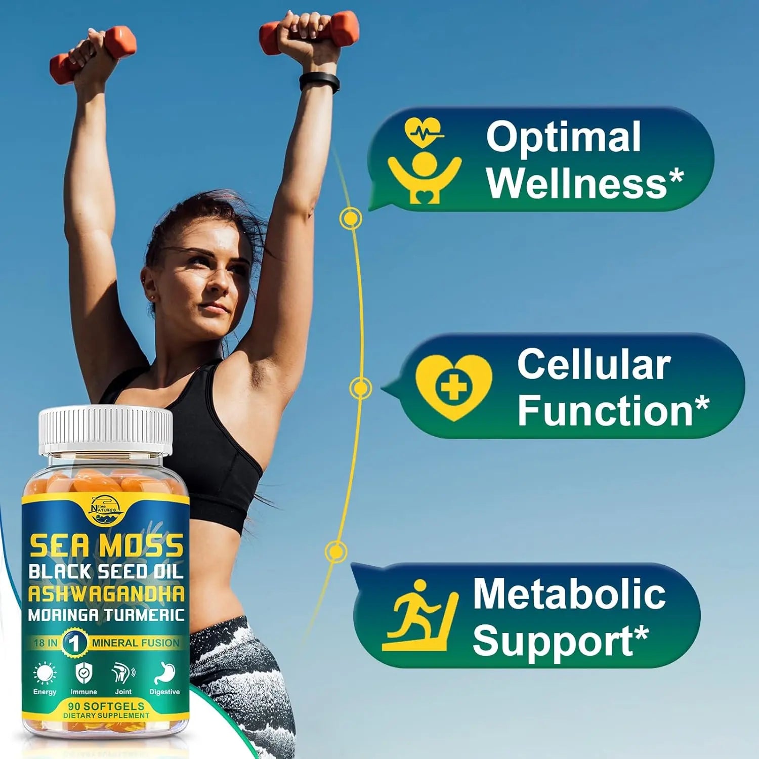 Nature's live Organic Sea Moss Softgels, with Black Seed Oil, Ashwagandha, Bladderwrack, Ginger, Burdock Root, Manuka Honey, Cinnamon for Immune System, Skin, Energy, 90 Softgels, 1 Pack