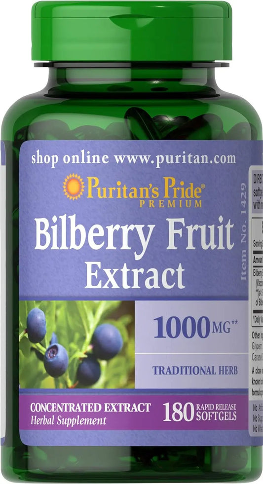 Puritan's Pride Premium Bilberry Fruit Extract 250 mg (1000mg Equivalent), 4:1 Concentrated Herbal Supplement, Vitamin C, 3 to 6 Month Supply, 180 Rapid Release Softgels, Packaging May Vary