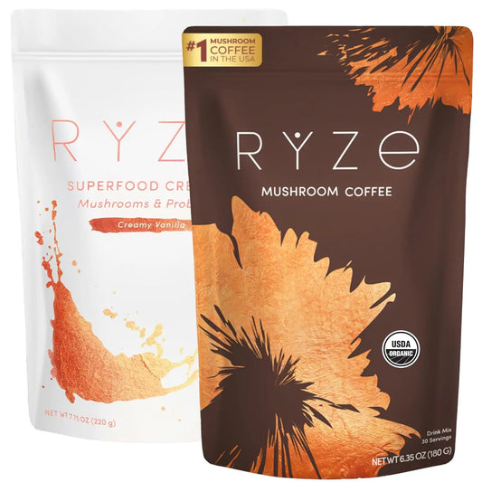RYZE n Shine Bundle, USDA Organic RYZE Mushroom Coffee + Probiotic Coffee Creamer with 6 Adaptogenic Mushrooms and MCT Oil or Better Energy, Focus, Digestion, Immunity with Turkey Tail, 60 servings