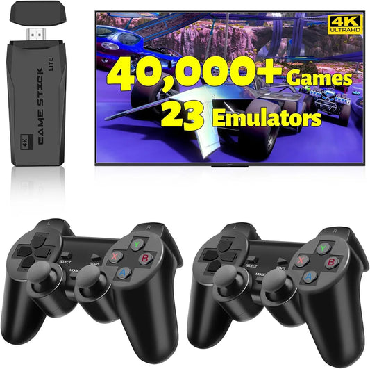 2025 Retro Gaming Console Pro 4K HDMI with 40,000+ Built-in Classic Video Games - Plug & Play Game Stick for TV with 2 Wireless Controllers | 23 Emulator Support 64GB