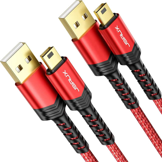 JSAUX Mini USB Cable[2-Pack 3.3ft+3.3ft] USB 2.0 Type A to Mini B Fast Charging Braided Cord Compatible with Blue Yeti Microphone Garmin Nuvi GPS 50 55 Ti-84 Plus CE Canon Rebel t7 Camera Go pro Red