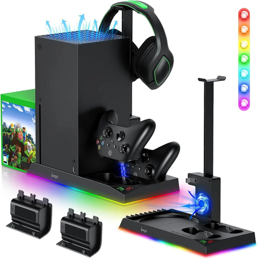 RGB Charging Stand with Cooling Fan for Xbox Series X Console &Controller,Dual Charger Station Cooler System Accessories with 15 RGB Light,2x1400mAh Rechargeable Battery,Headphone stand,Game Disc Slot