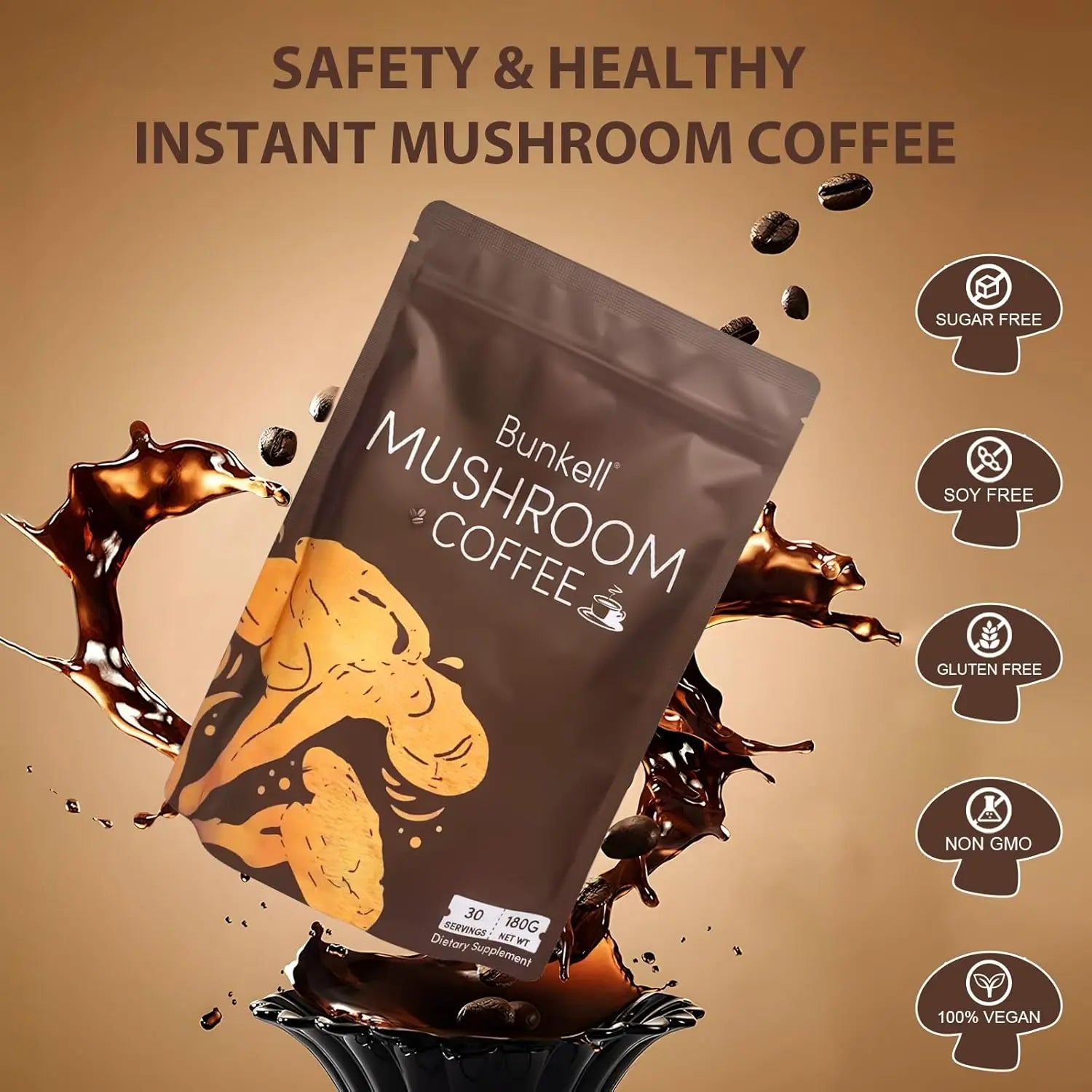Mushroom Coffee, Organic 6 Mushrooms with Lion's Mane, Reishi, Cordyceps, Shitake, King Trumpet & Turkey Tail, Instant Coffee Powder for Energy, Digestion & Immune Support, 30 Servings 1 Pack