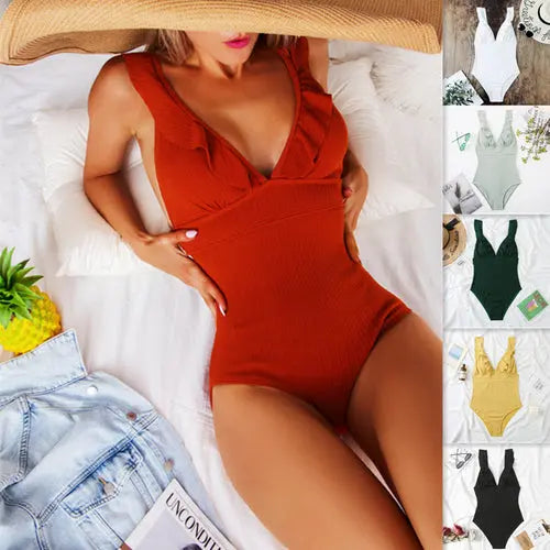 New Sexy One Piece Bikini Solid Color Flash V-Neck Swimsuit Women's Sw Amazing Hot Prices For You