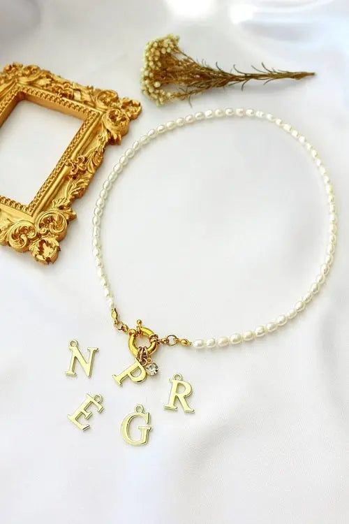 24 Karats Custom Initial  Freshwater Pearls Front Opening Choker Amazing Hot Prices For You