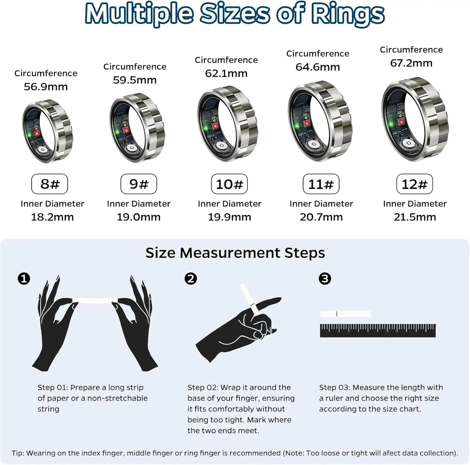 Smart Ring Health Tracker, Sleep Tracker Ring with Heart Rate, Waterproof Fitness Ring for Activity Monitoring/Steps/Distance/Calories,Air Gestures,Up to 7Day Battery,For Ios Android(Stylish Silver#8)
