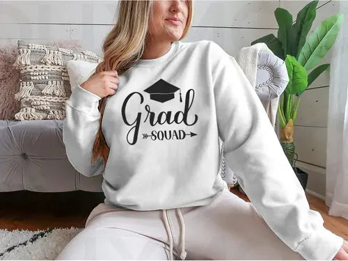 Grad Squad Calligraphy With Graduation Cap Design for Sweatshirt Amazing Hot Prices For You