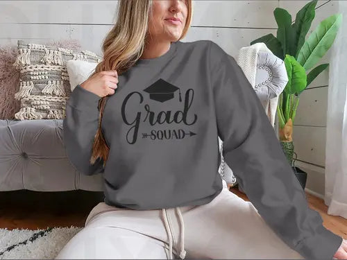 Grad Squad Calligraphy With Graduation Cap Design for Sweatshirt Amazing Hot Prices For You