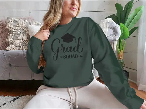 Grad Squad Calligraphy With Graduation Cap Design for Sweatshirt Amazing Hot Prices For You